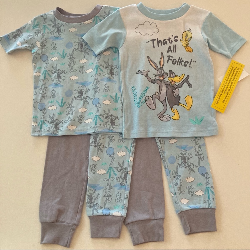 Looney Tunes 5T Toddler Pajama Set Four Piece Set Cotton Top Pants Blue